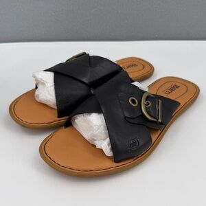 Born Rio Open Toe Slide Sandals Womens 10M Crisscross Strap Buckle Black Leather